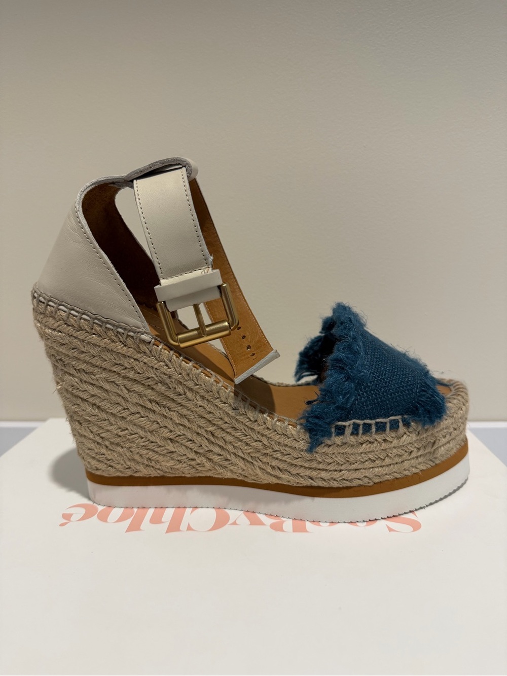 See By Chloe White and Blue Espadrille Wedge Sandal with Frayed Detail